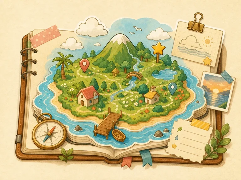 Tomodachi Life island planning notebook illustration